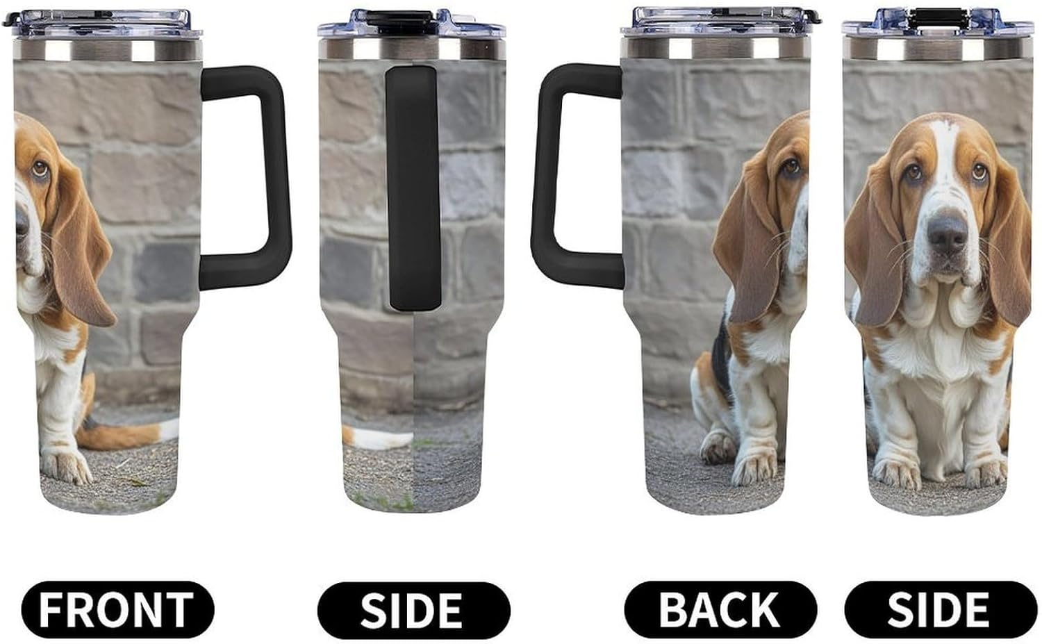 Basset Hound Travel Coffee Mug Reusable Durable Stainless Steel Insulated Tumbler with Handle And Straw Leak Resistant Portable Thermal Cup Gifts for Men Women 40 Oz