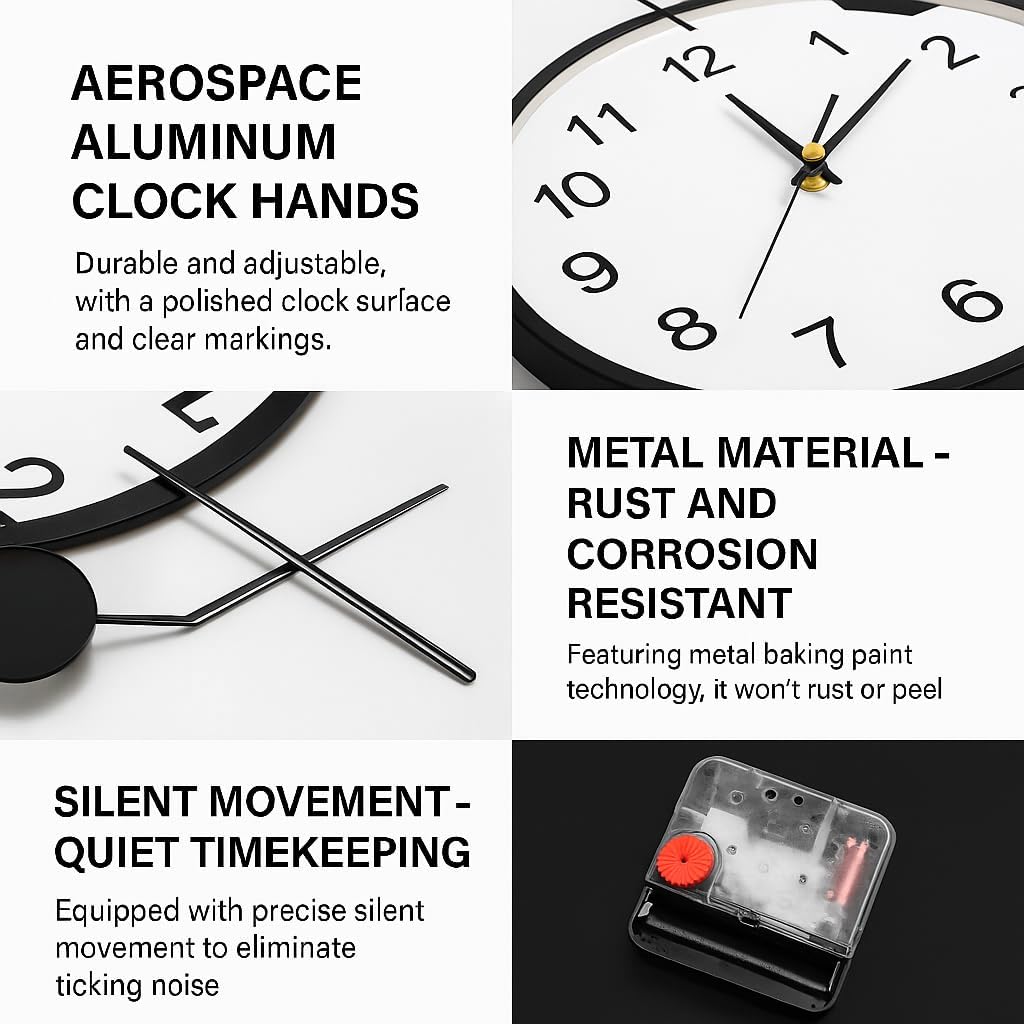 Large Modern Wall Clock Decorative for Living Room Decor with Operated Non Ticking Silent Metal Wall Decor Clocks with Shelf Bedroom Study Office 10inch