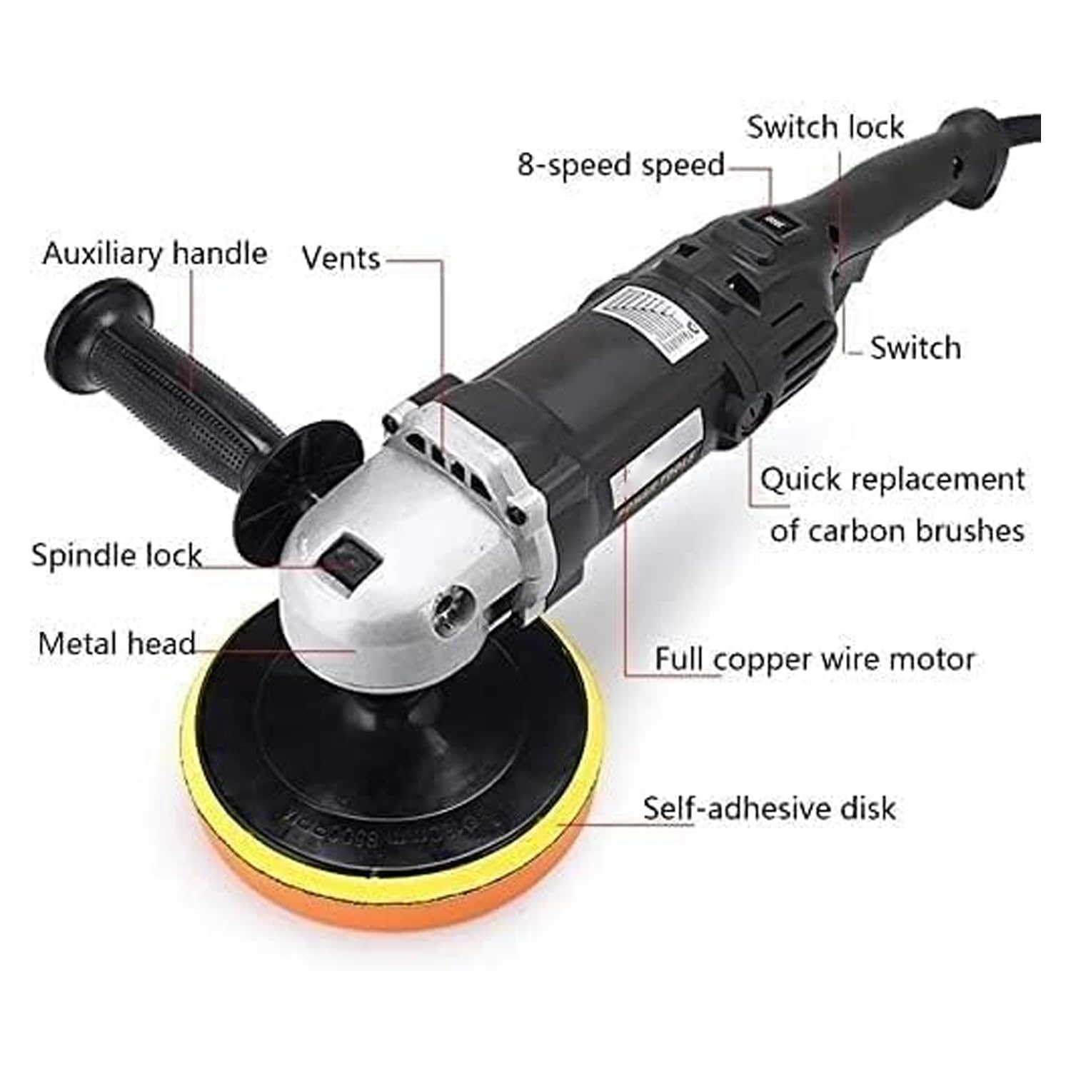 Pulidora Multifuncional de 1300 W, pulidora rotativa con pulidora, Ajuste de Velocidad de 8 velocidades, 600-3500 R/MIN, con Mango de Tornillo de Banco/Placa Plana/cepill