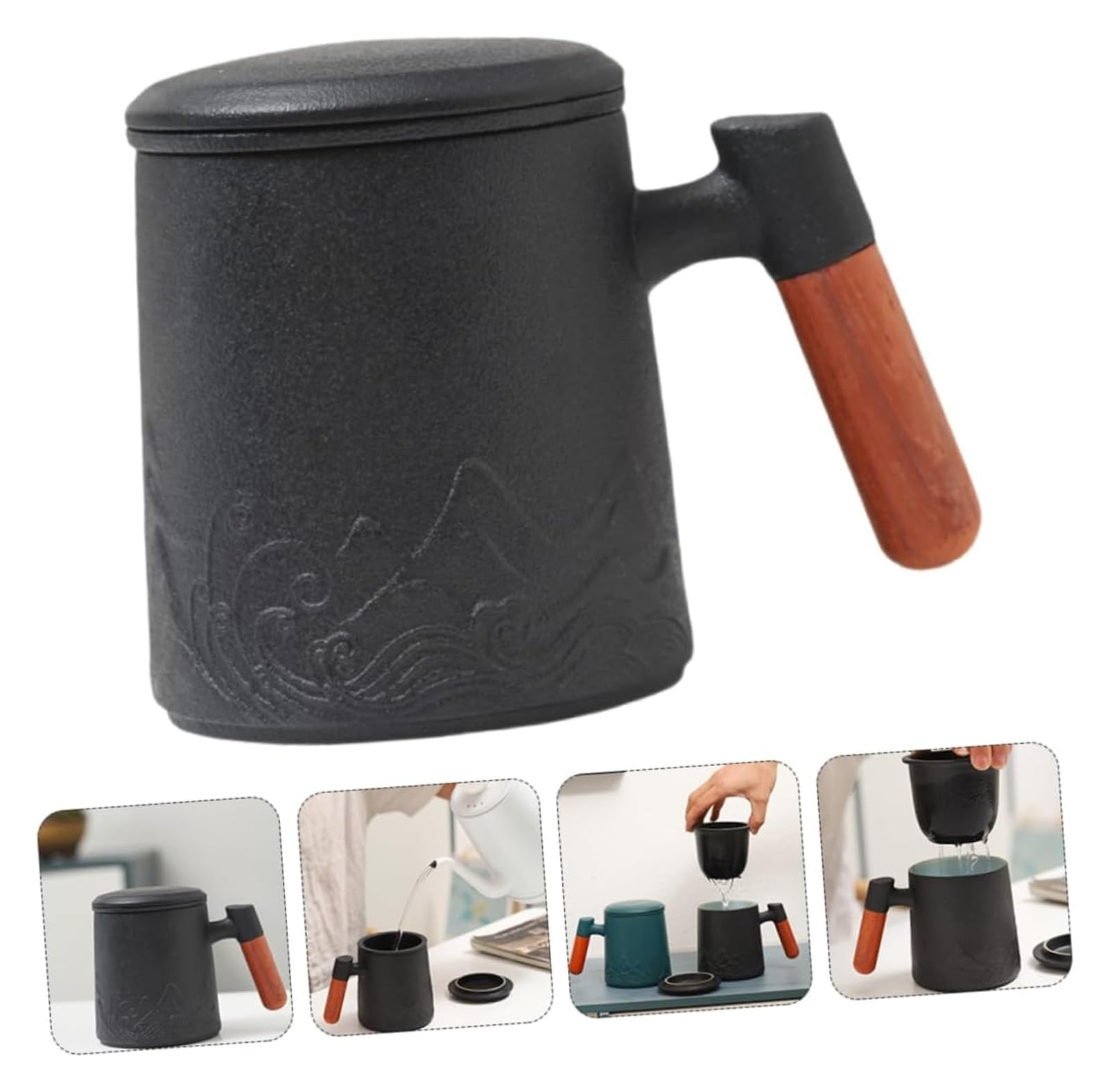Taza con infusor de té, taza de té, 1 juego de taza de cerámica, taza con mango de madera, taza de té con filtro, tazas de viaje con tapas, taza de viaje de cerámica con tapa, vaso de café for mujer,