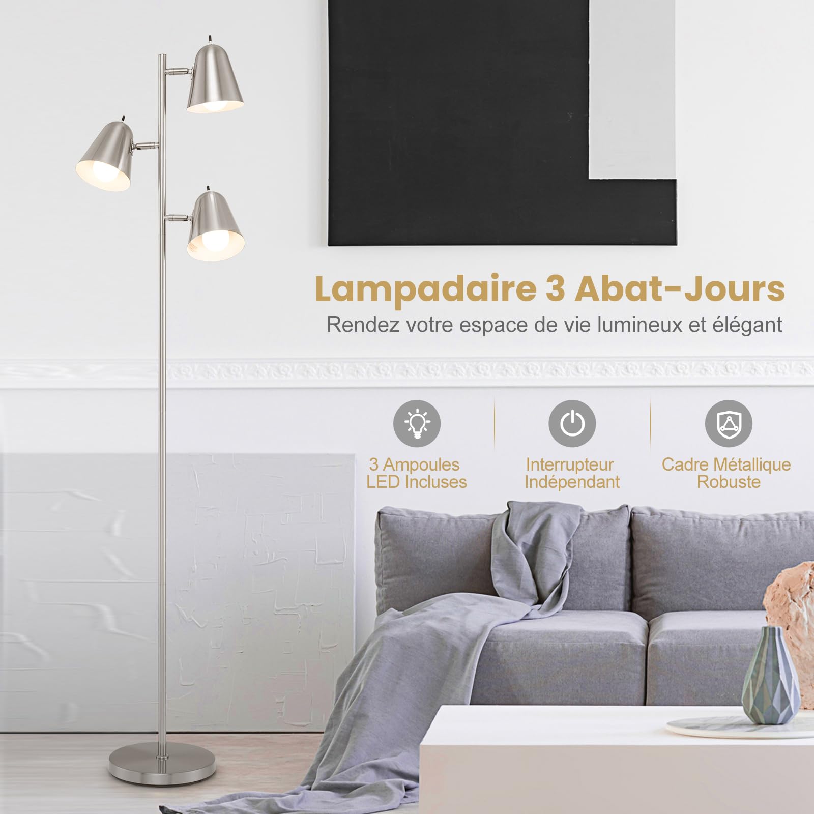 COSTWAY Lampadaire à 3 Ampoules, Lampe sur Pied avec Abat-jours Réglables, Interrupteur Individuel, Poteau en Métal, 3 Culots d'Ampoule E27, Lampadaire pour Salon Chambre Bureau (Argenté)
