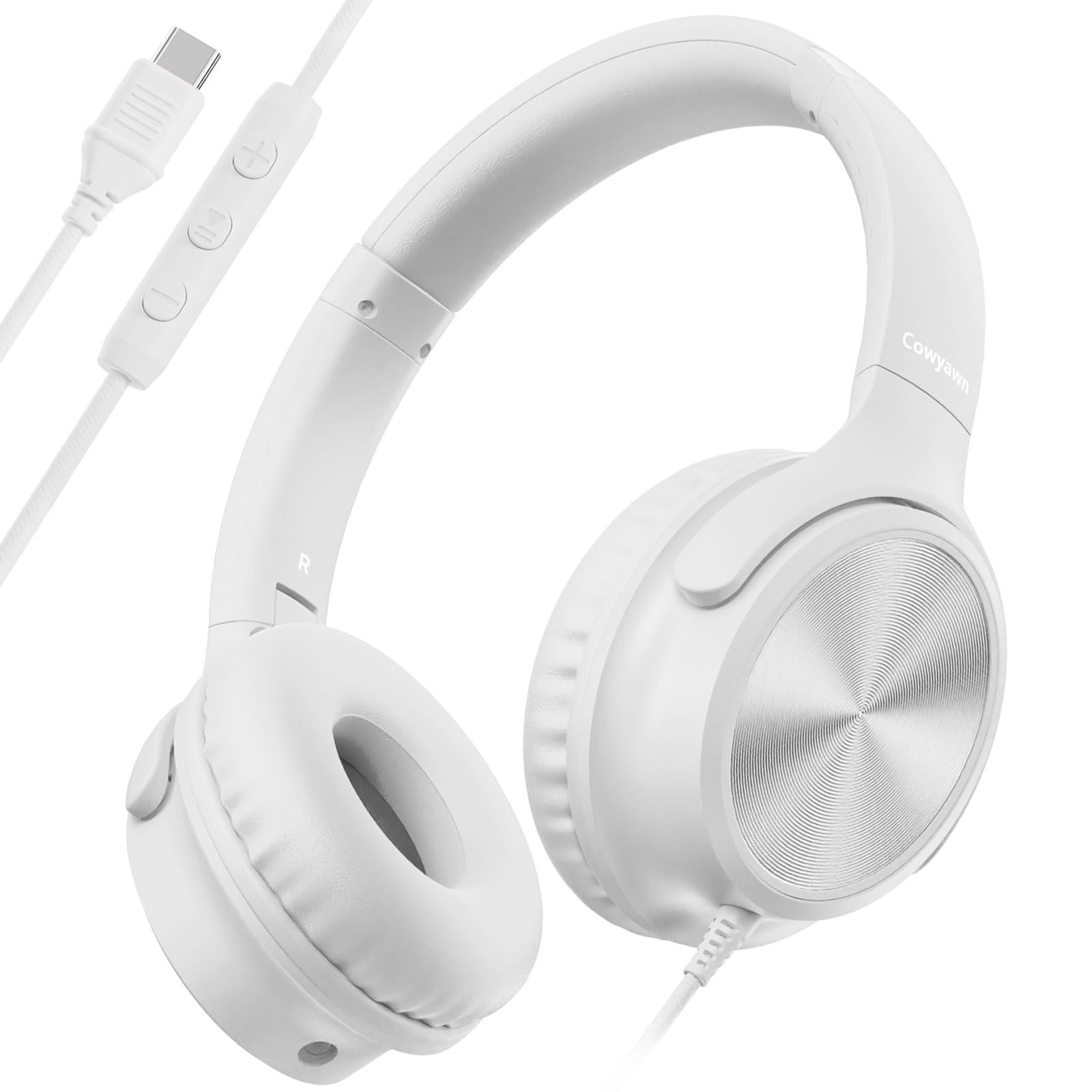 Cowyawn USB C Headphones Wired, Over Ear USB C Wired Headphones with Microphone, Volume Control, HD Stereo Sound, Foldable USB Type C Headphone for Adult/Teens/Laptop/Computer/iPhone 15/16/17, White
