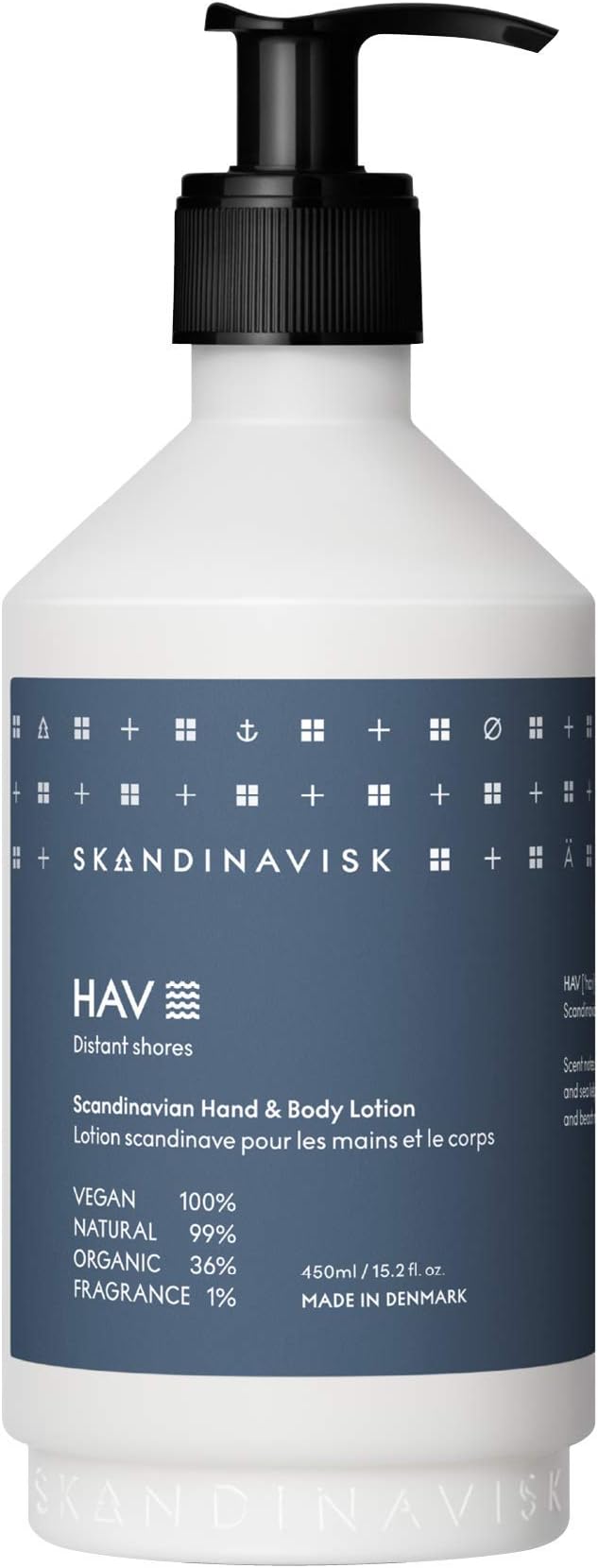 Skandinavisk HAV 'Sea' Organic Hand & Body Lotion. Fragrance Notes: Salt Spray and Sea Kelp, Hawthorn and Beach Rose. Vegan formula. 450 ml