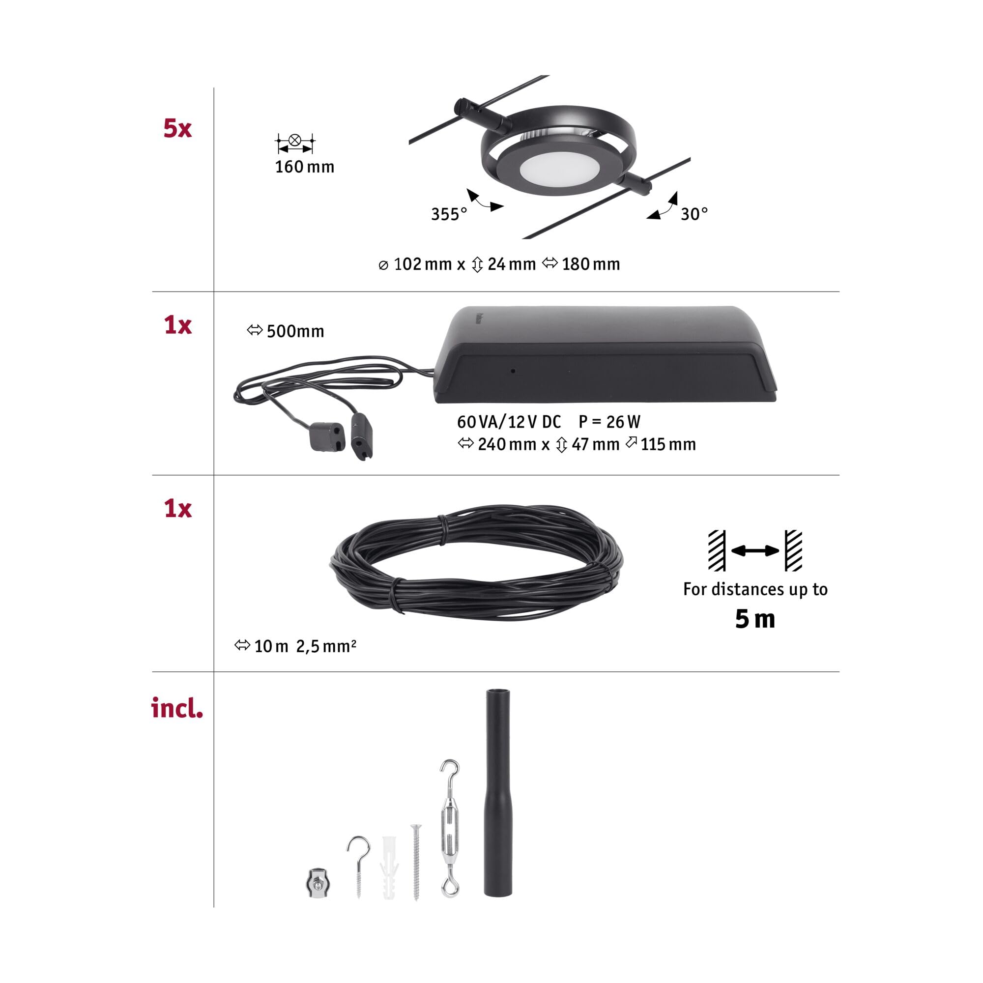 Paulmann 94418 CorDuo Juego de sistema de cable LED RoundMac DC incl. 5x4,5 vatios extensible Negro mate, cromado Cable metálico 3000 K