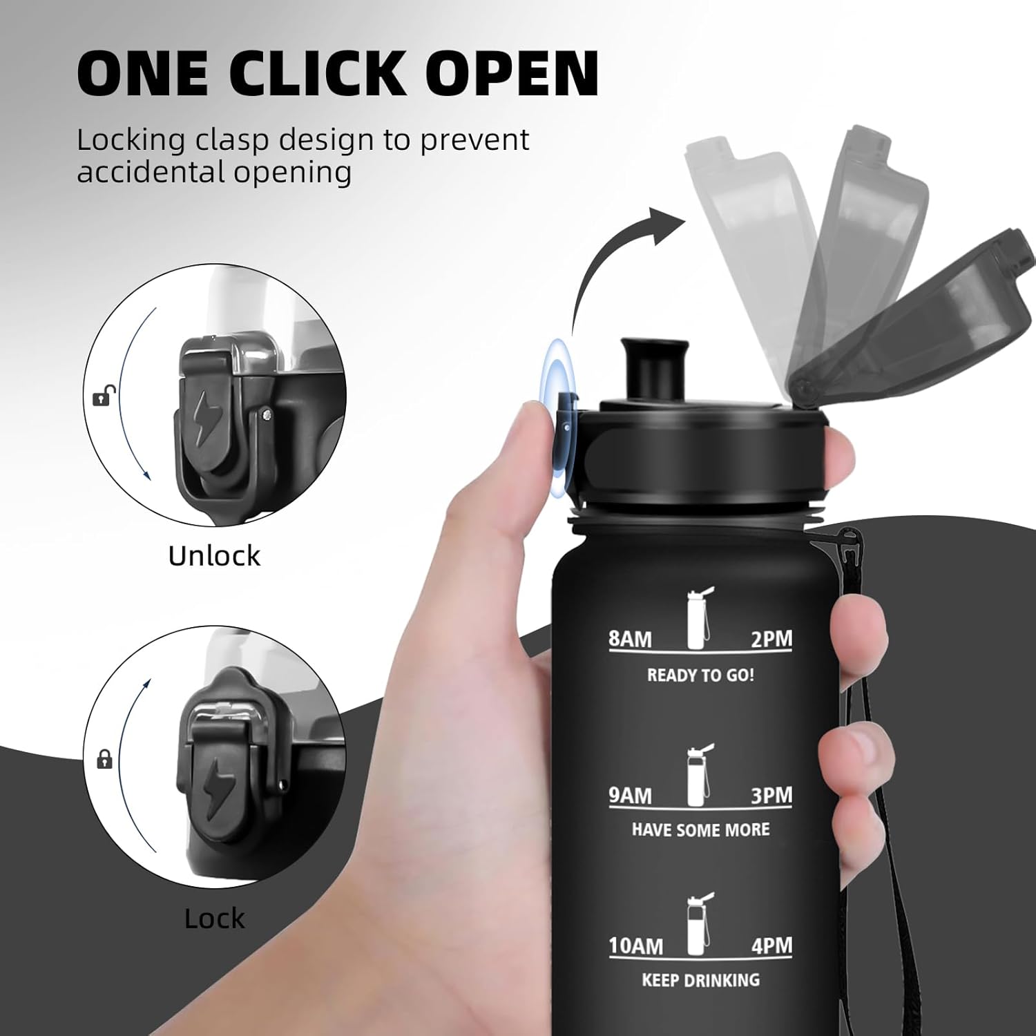 Grsta Water Bottle, 500ml Kids Water Bottle, Leakless Filtering Water Bottle, Easy Clean Water Bottle, Motivational Water Bottle with Time Scale for School, Camping, Black