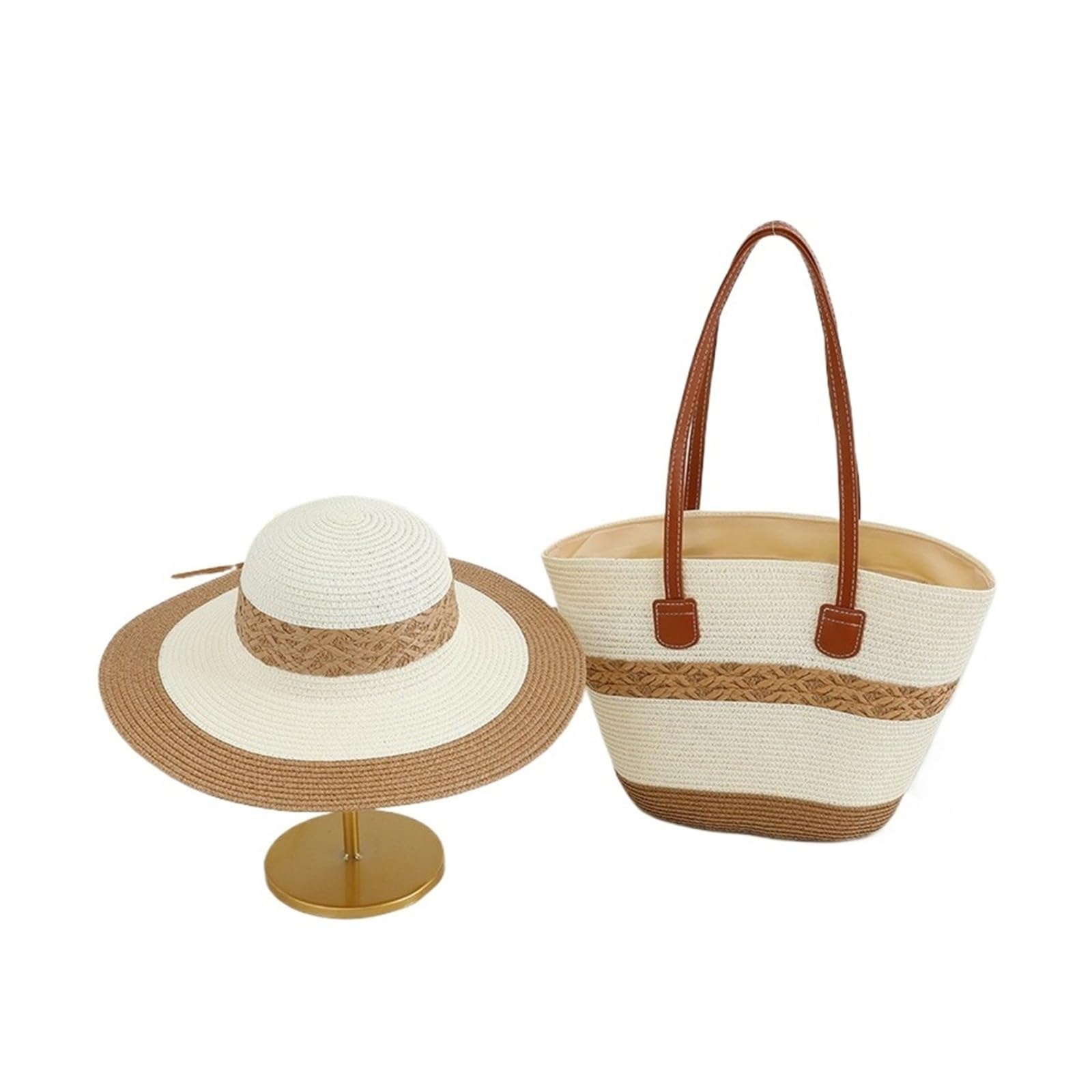 Conjunto de sombrero de paja para primavera y verano, para mujer, con ala grande, sombrero, playa, vacaciones (color 13, traje)
