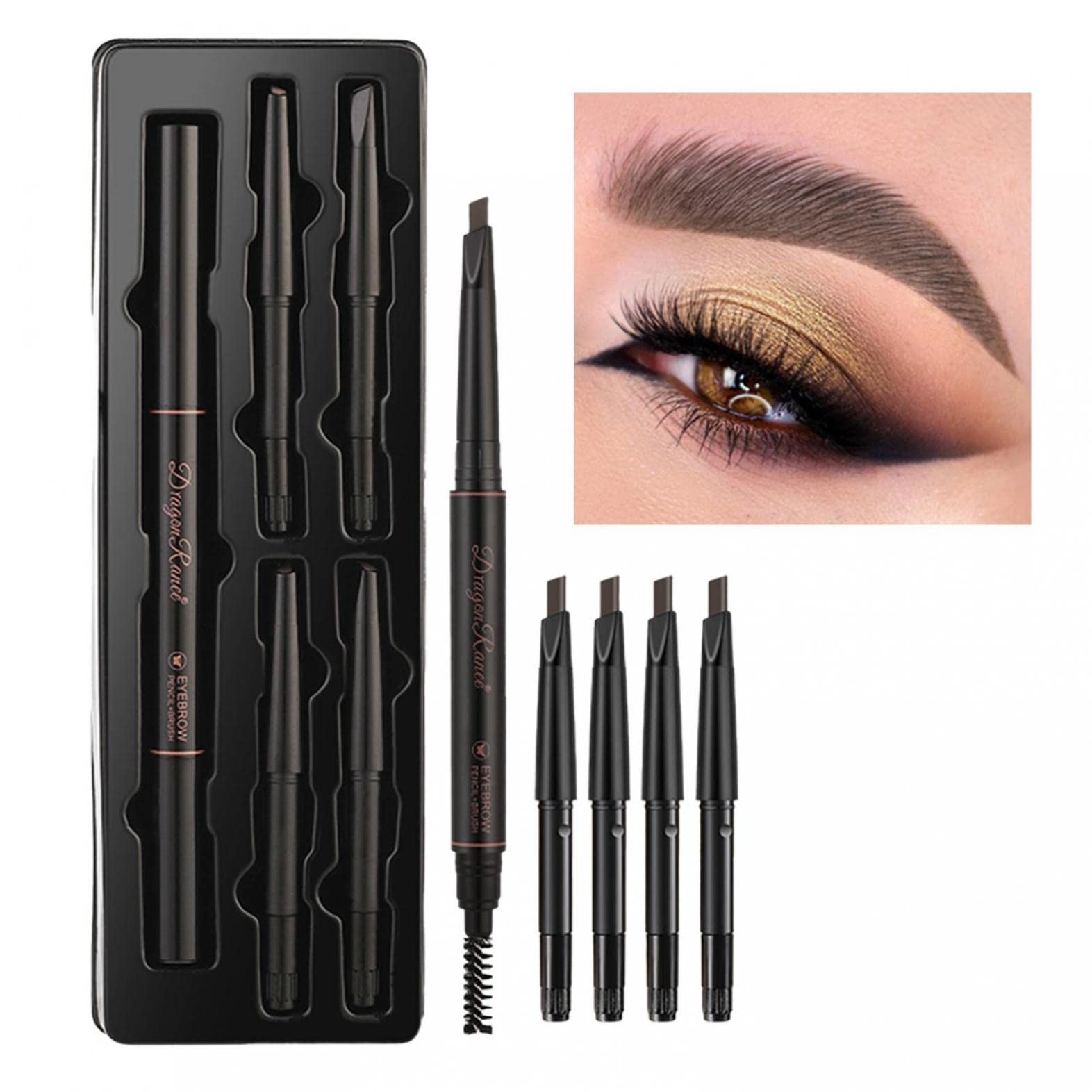 YUEPAO Eyebrow Pencil Set - 1PC Dual Ended Eyebrow Pencil + 4 Replacement Cores, Natural Long Lasting Waterproof Dual Ended Auto Tip & Spool Brush, Brown