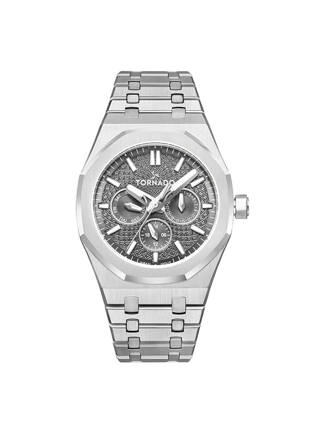 Tornado Aurora Men's Miyota 6P29 Movement Watch, Multi Function Display and Stainless Steel Brushed Bracelet Strap - T23104-SBSX, Silver