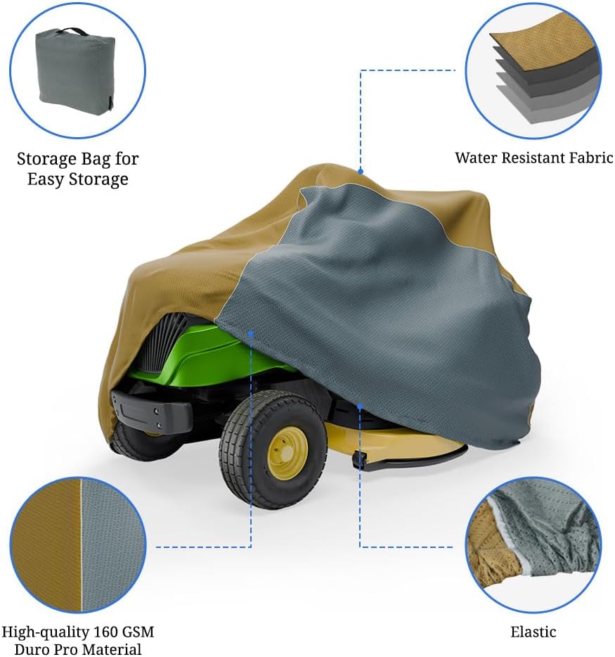 Covers & all Riding Lawn Mower Cover, Water, UV & Weather Resistant, with Elastic Push Clip Closure & Storage Bag (72"L x 54"W x 46"H, Beige & Gray Dual Tone)