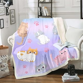 Kawaii Cat Fleece Bed Blanket Pink Blue Purple Pastel Throw Blanket Rainbow Ombre Cats Sherpa Blanket for Kids Girls Women,Cute Cat Soft Lightweight Fuzzy Blanket Cat Lover Room Decor,Throw 50