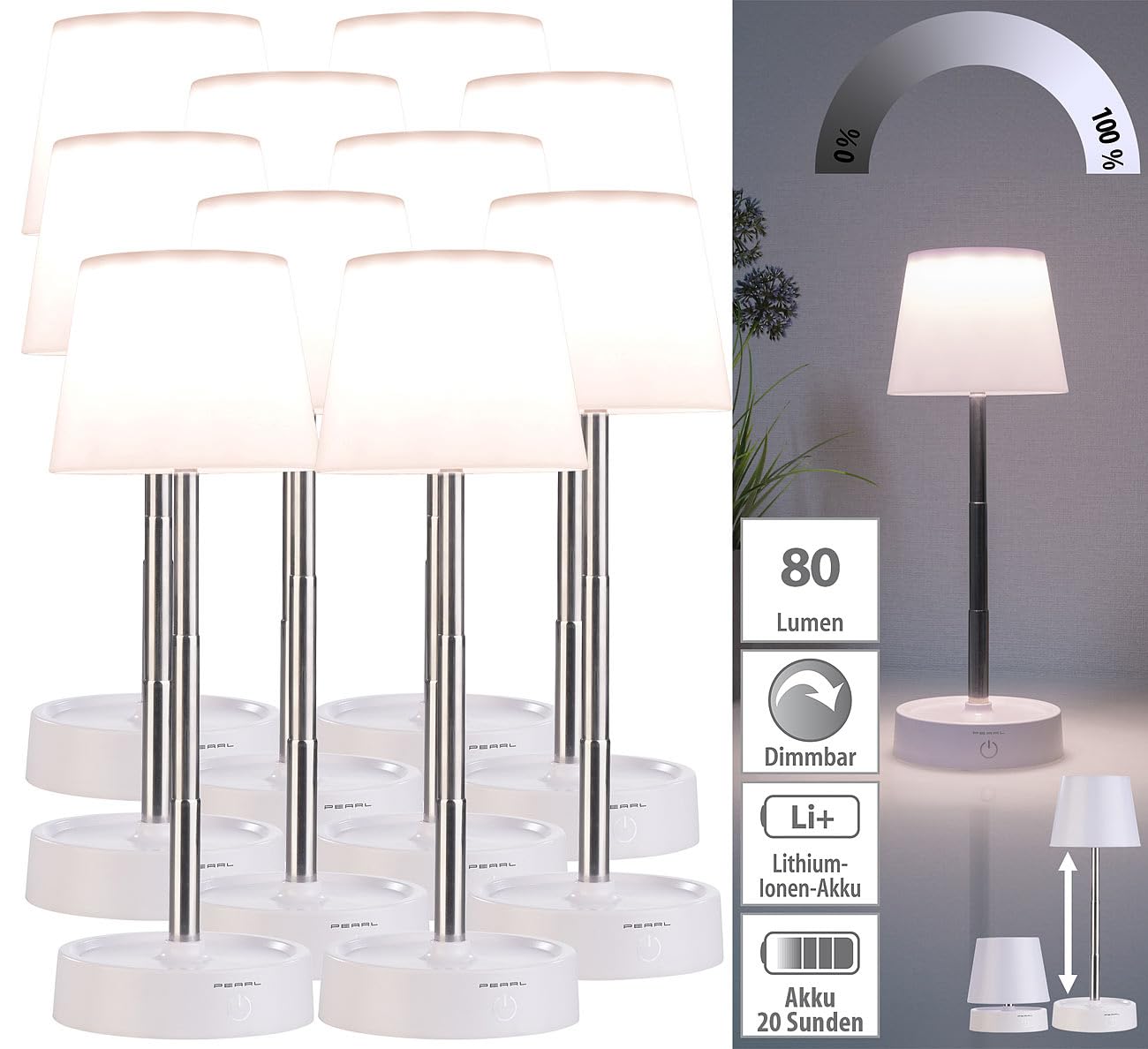 PEARL Nachtischlampe: 8er-Set Dimmbare Teleskop-Akku-Tischleuchte mit 80 Lumen, 1.200 mAh (LED Tischleuchte Batterie, aufladbare Tischlampe, Regal)