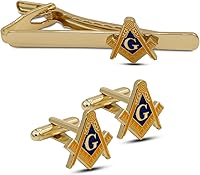 Masonic Square & Compass Blue Gold Cufflinks Tie Clip Set - Premium Brass Enamel Freemason Jewelry