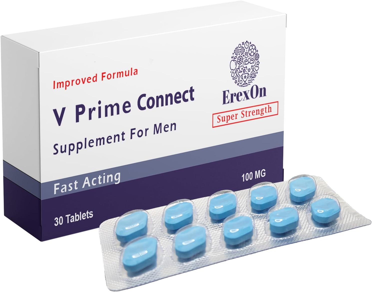 V Prime Connect - 30 Blue Pills for Men | Men's Vitality Support | 100mg Herbal Supplements for High Performance & Strong Enhancement | Ginseng Maca