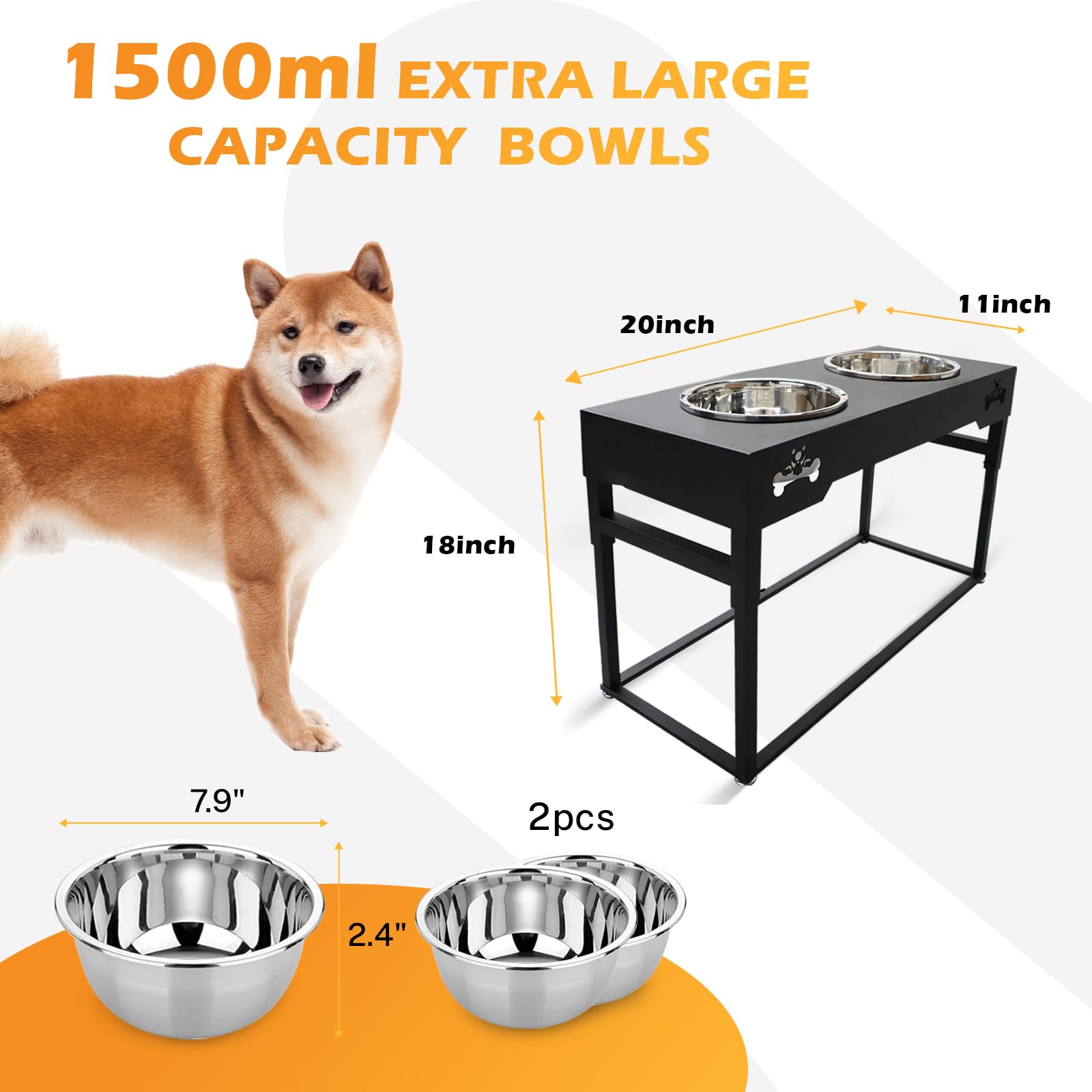 Elevated Dog Bowls for Medium Dog Adjustable Raised Stand Bowls for Medium Small Dogs Height 2.75" up to 20'' with 2 Stainless Steel Dog Bowls for Food&Water (Black-1.5L)