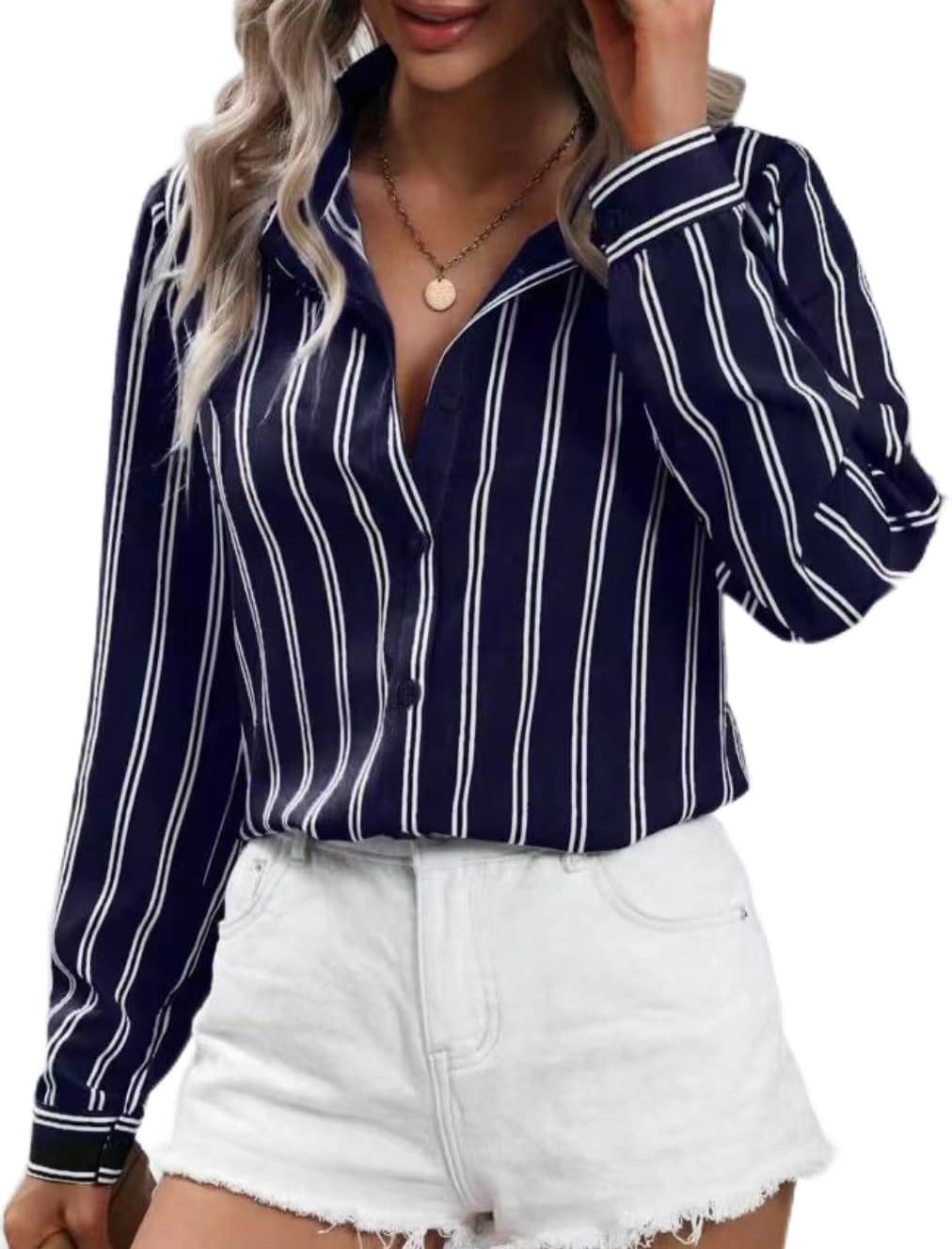 Blusa feminina listrada de botão clássica casual manga longa solta para trabalho de escritório com bolso