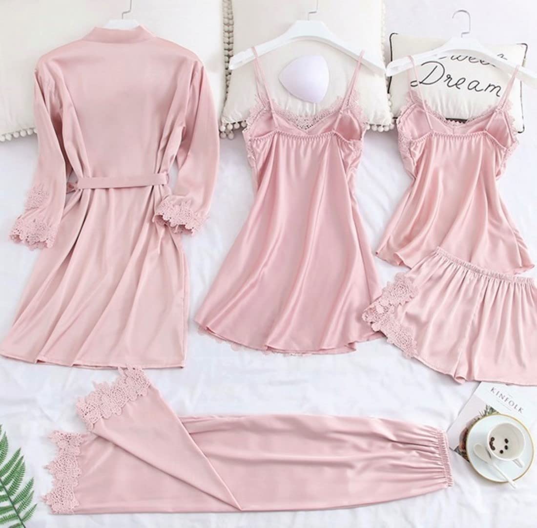 Laura in - 5 Piezas Conjunto Pijamas de Seda satén con Encaje Bordado, Ropa de Dormir para Mujer, Bata, camisón, Top, Cortos y Pants Largos