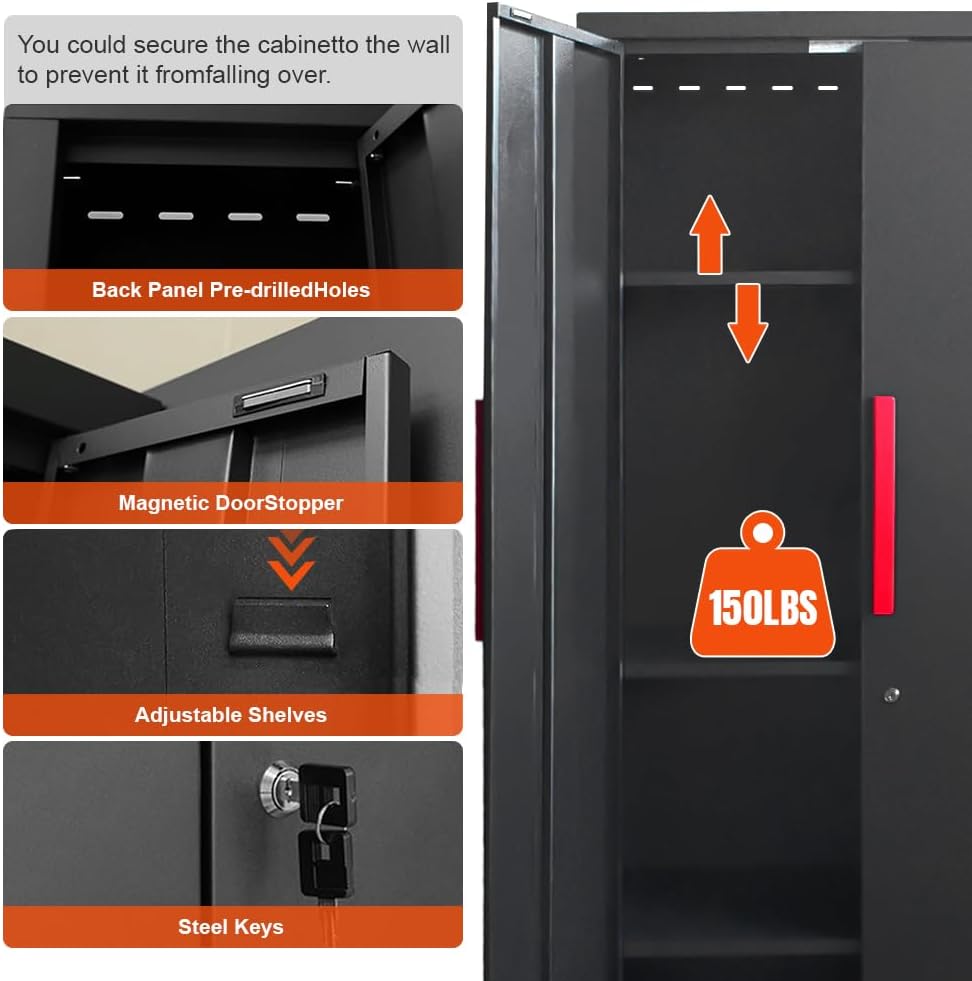 Details of cabinet features including pre-drilled holes, magnetic door stopper, adjustable shelves, and steel keys.