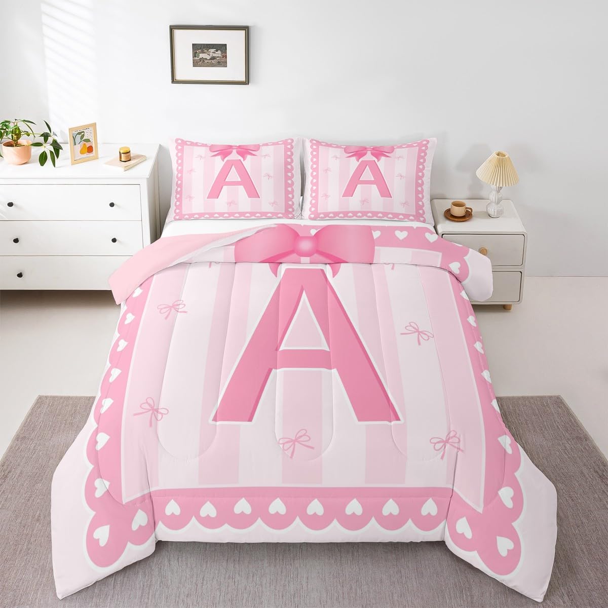 jejeloiu Pink Bow Kids Bedding Set Twin Size,Girl Bow Coquette Comforter Set,Initial Letter A Ultra Soft Duvet Quilt,Butterfly Knot Princess Comforter Personalized Letter A Bedroom Decor