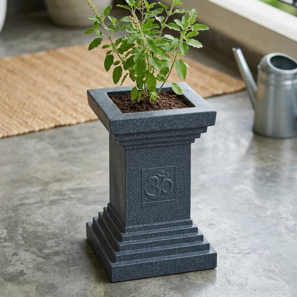 Tulsi Pot Plant Pot for Indoor Outdoor Use (Marble Grey) | Marble Finish Fiber Planter Hole | Decorative Tulsi Gamla for Home Balcony Garden Terrace | Size:- 17 Inch-image-36