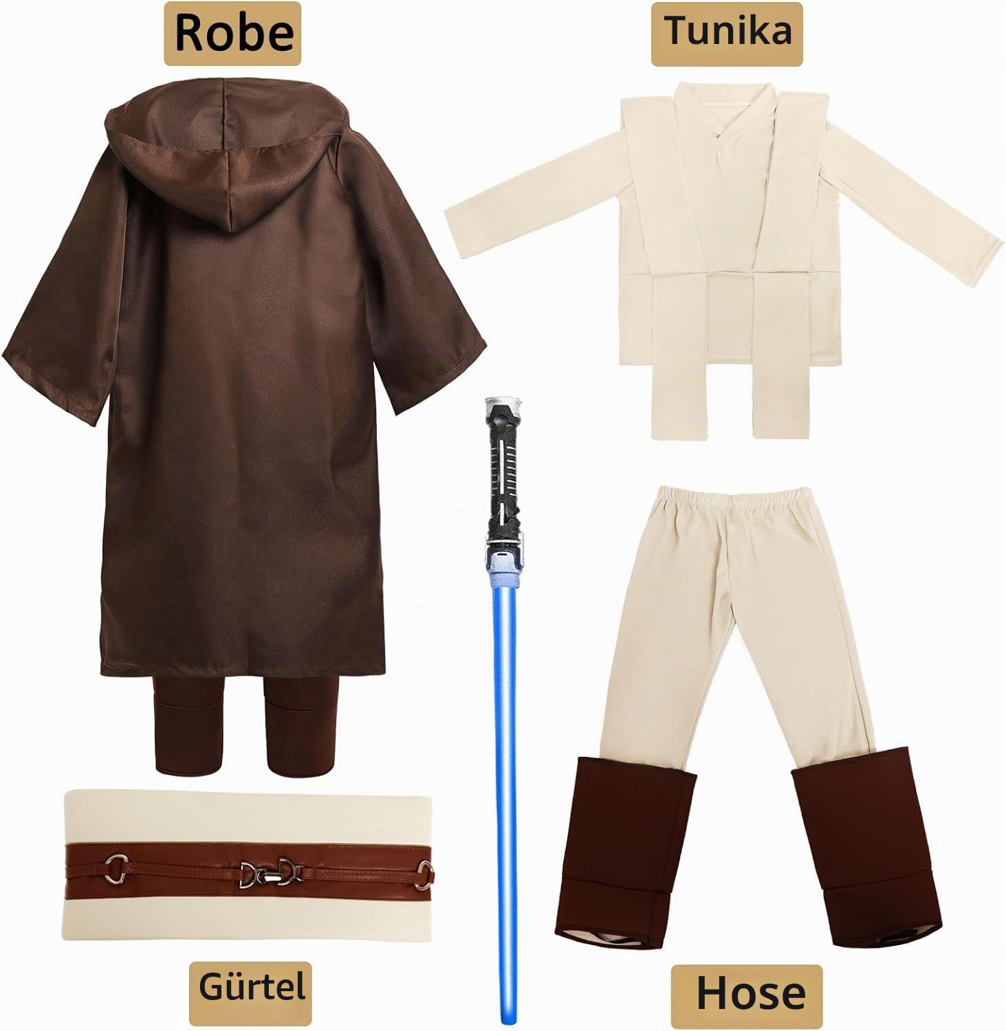 SINSEN Jedi Kostüm für Kinder Obi Wan Kenobi Kostüm Kinder Kapuzen Roben Outfit mit Gürtel komplettes Set Halloween Cosplay Kostüm