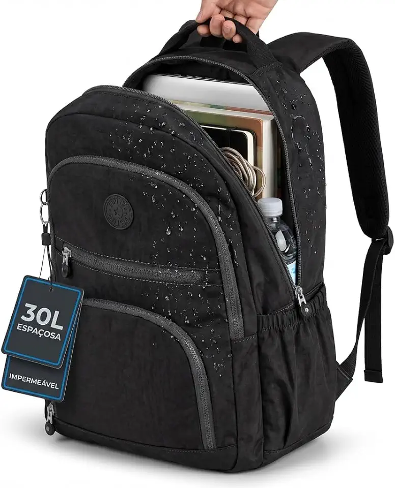 Mochila Grande 30L Nylon Impermeável Feminina Masculina Escolar Juvenil Notebook 15" — Mochila Preta Resistente com Múltiplos Bolsos, Leve, Casual e Reforçada para Escola e Viagens