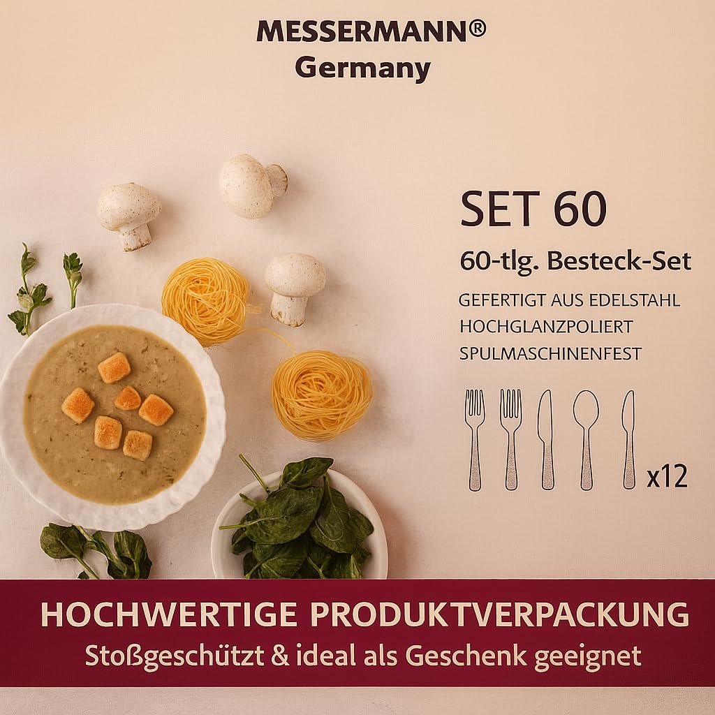Besteck Set 60-teilig für 12 Personen Edelstahl – elegantes Tafelbesteck Set hochglanzpoliert, spülmaschinenfest und rostfrei; für stilvolle Tischkultur im Alltag und zu Feiern (Model 3)