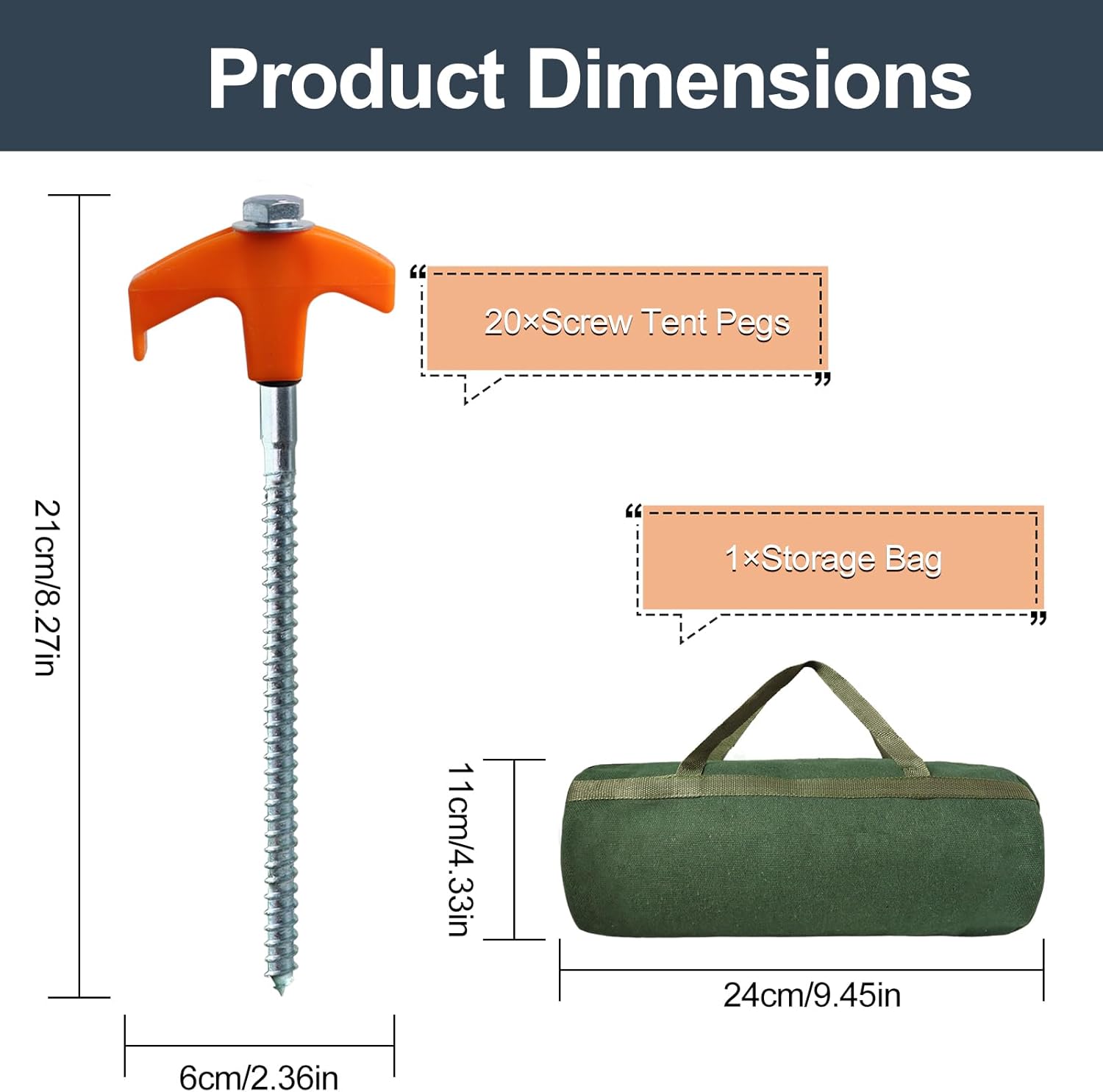 20 Pack Screw in Tent Stakes Heavy Duty, 8 Inch Ground Anchors, Metal Stakes,Camping Tent Accessories with Hex Head Driver and Sturdy Storage Bag (Orange)