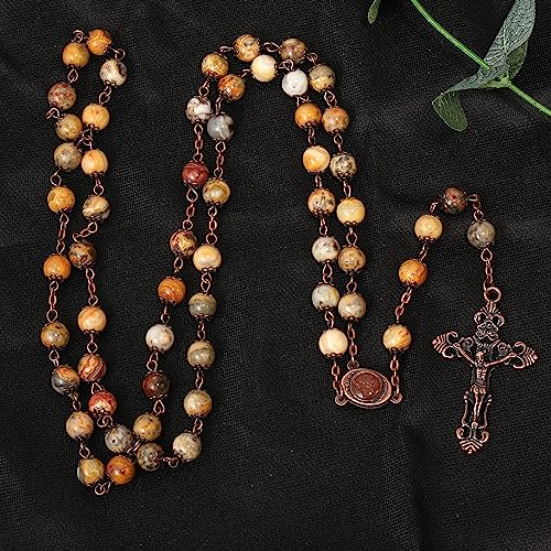 Nazareth Store Vintage Design Rosary Natural Yellow Jaspe Stone Beads 8mm Necklace Holy Soil Medal & Cross Crucifix Religious Rosaries Terra Santa Jerusalem Collection - Thumbnail 6