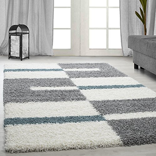 Carpetsale24 Teppich Wohnzimmer Moderne Kariert Design Shaggy Flokati 160 x 230 cm Türkis-Creme -...