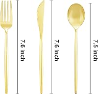 Vista 2 de LIYH - 102 cubiertos de plástico dorado desechables, utensilios de plástico dorado resistentes, cubiertos desechables que incluyen cuchillos