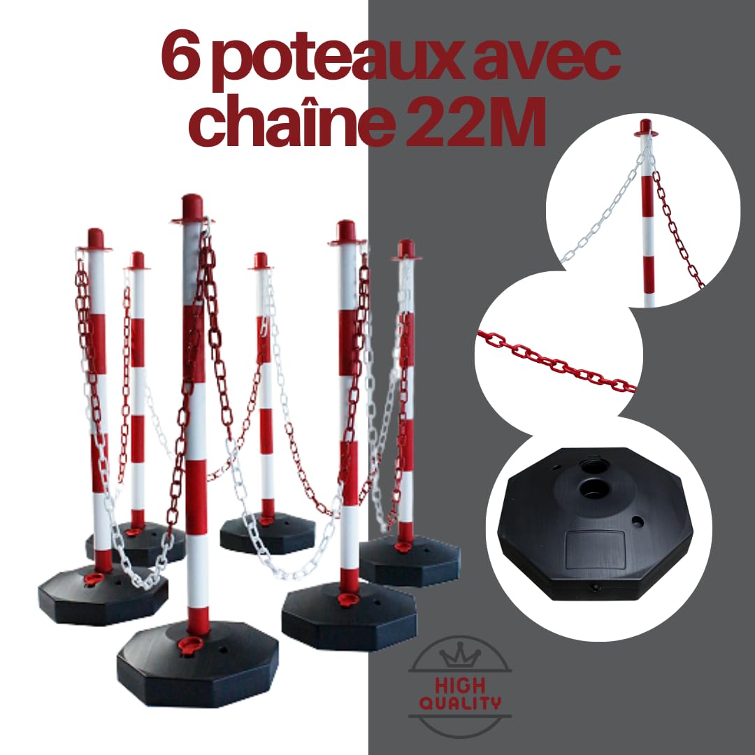 Poteaux de clôture rouge-blanc - Lot de 6 poteaux avec chaîne de 22 m - Poteaux de chaîne en plastique et ruban de balisage
