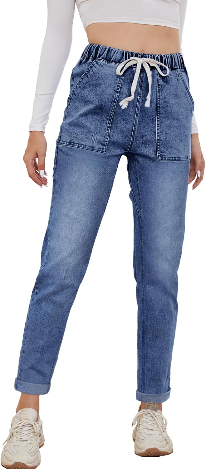Alaster Queen Women Jeans Elastic Waist Ladies Drawstring Denim Pants Alaster Queen Women Jeans Elastic Waist Ladies Drawstring Denim Pants