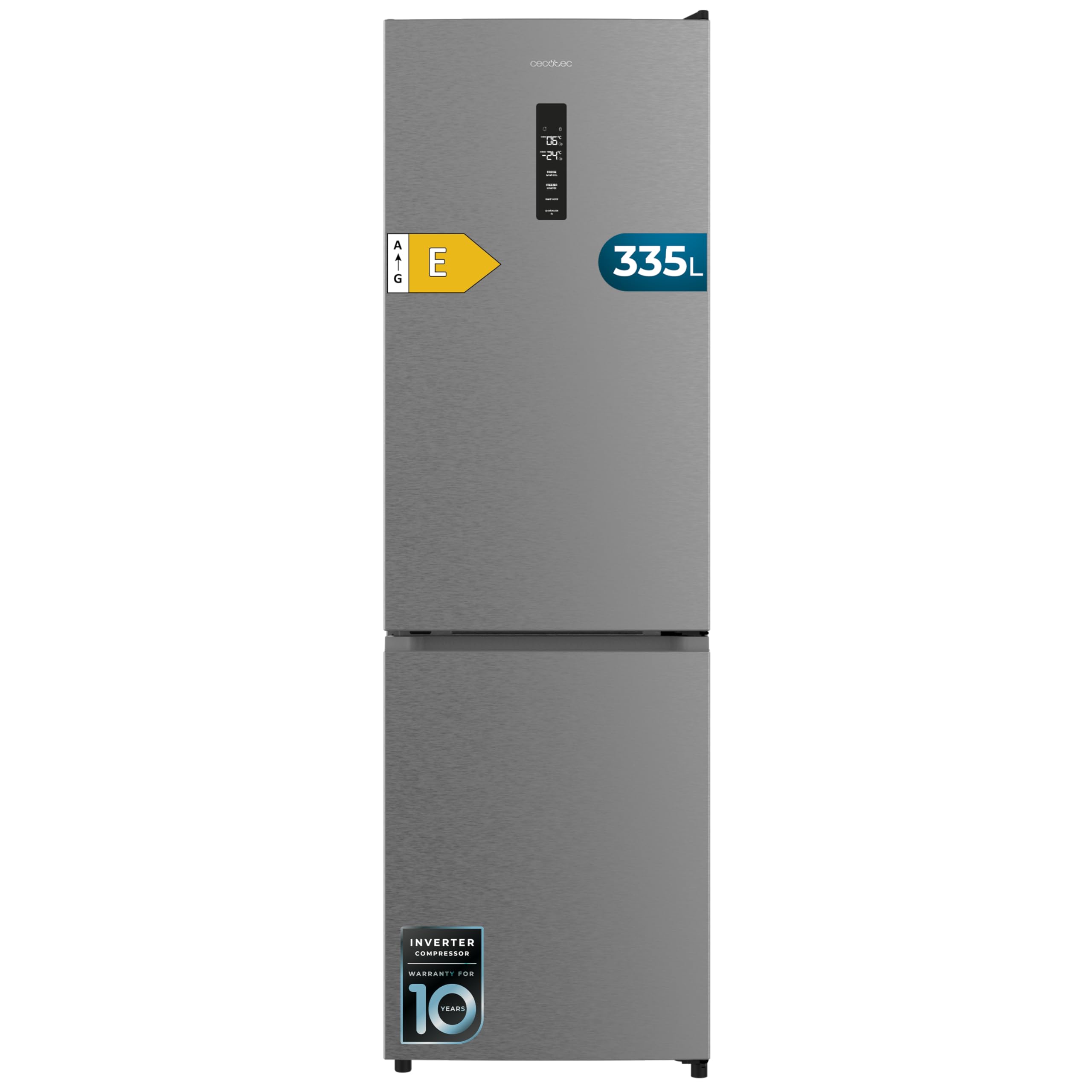 Cecotec Frigorífico Combi 335L No Frost Bolero CoolMarket Combi 335 Inox E. Altura 195,3cm y 59,5cm Ancho, Compresor Inverter Plus, Bajo Consumo, Estantes de Cristal, Cajón Control de Humedad, Inox