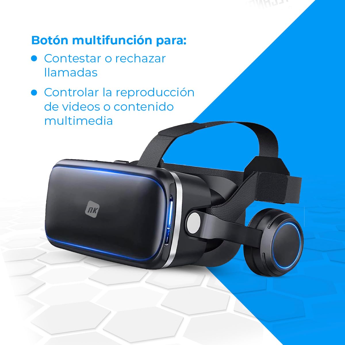 NK Gafas Inteligentes VR con Auriculares - Realidad Virtual 3D con Audio para Smartphone Entre 4.7" - 6.53", Ángulo Visión 90-100º, Giro 360º, Objetivo y Pupila Regulable - Negro