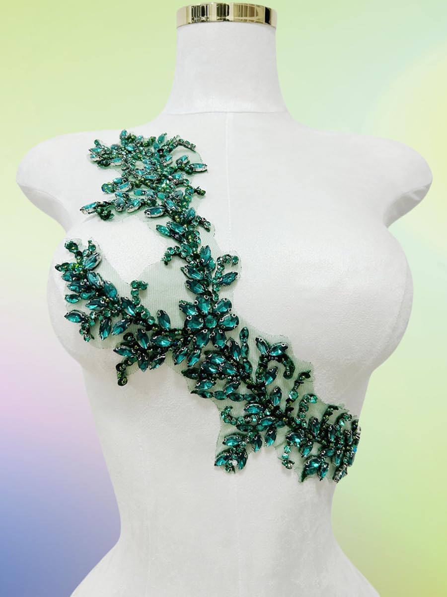 Handmade Beaded Crystal Patches with Rhinestone Applique Designs for Prom Formal Dress 1pair/Bag (Deepgreen)