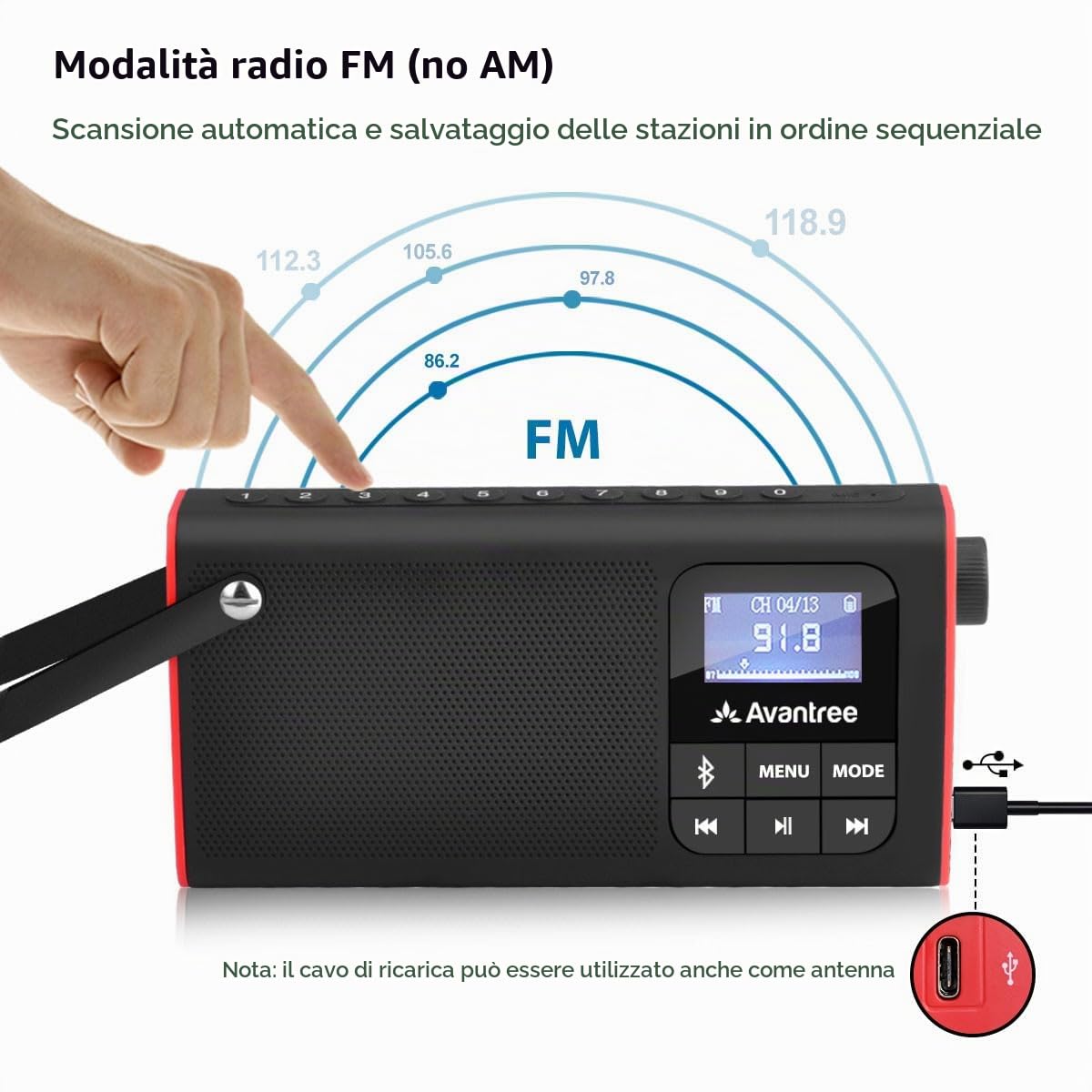 Avantree SP850 Mini Radio Portatile FM, Radiolina Tascabile con Batteria Ricaricabile, Cassa Audio Altoparlanti Bluetooth e SD Card Mp3 Player tutto 3 in 1, Auto Scansione & Memorizzazione