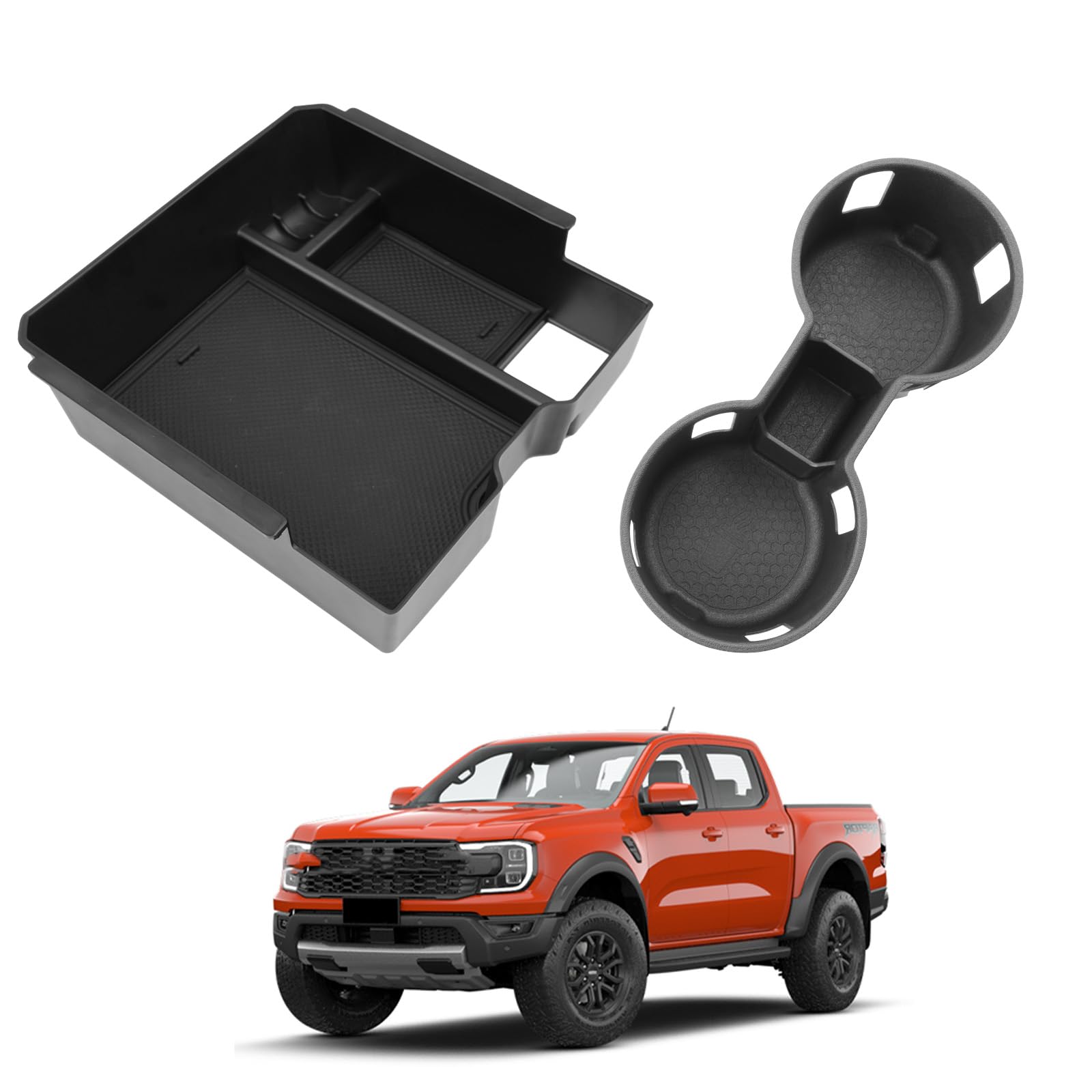 2025 Ranger Center Console Organizer - 2 Pcs Center Console Storage Tray & Silicone Cup Holder Insert for 2024-2025 Ford Ranger(XL/XLT/Lariat/Raptor) Accessories - ABS Armrest Box Organizer