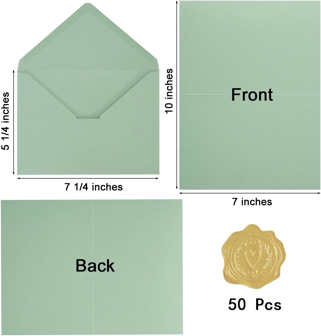 50 Pack Sage-Green A7 Envelopes with Cards and Gold Stickers, 5x7 image 2