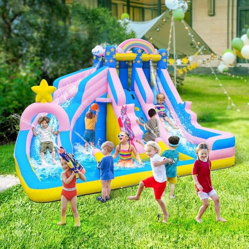 TOAOB Inflatable Water Slide: 6 in 1 Bounce House Water Park for Kids - Climbing Wall Splash Pool 2 Water Cannon 2 Slide Basketball Rim - 550W Blower - for Outdoor Backyard Birthday Party - Thumbnail 4
