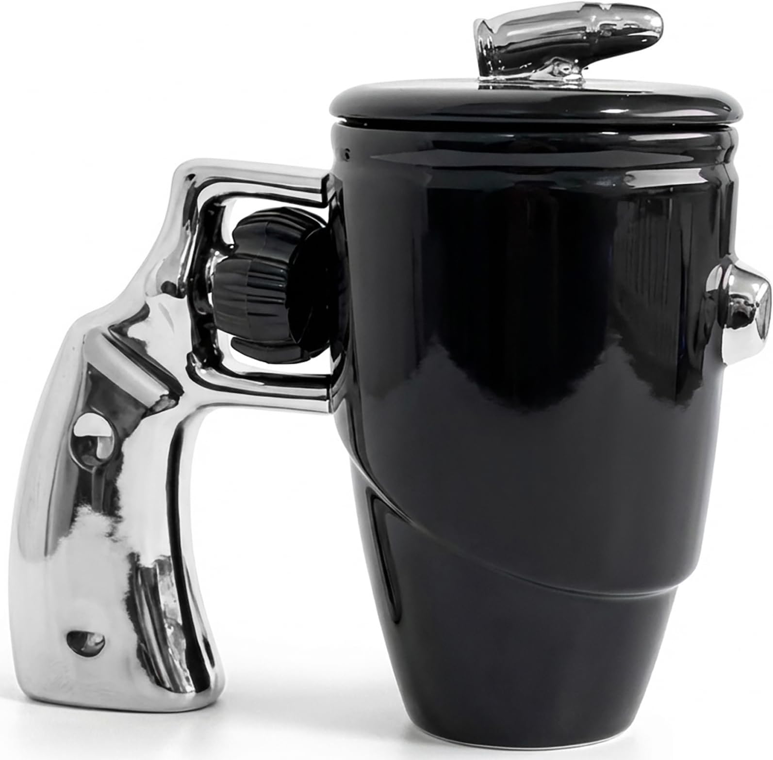 Revolver Mug with Rotating Wheel, Ceramic Coffee Cups with Lid, Pistols Cappuccino Cups, Large Coffee Mugs, Funny Gift for Men, Colleagues & Gun Lovers, 500 ml (Silver)