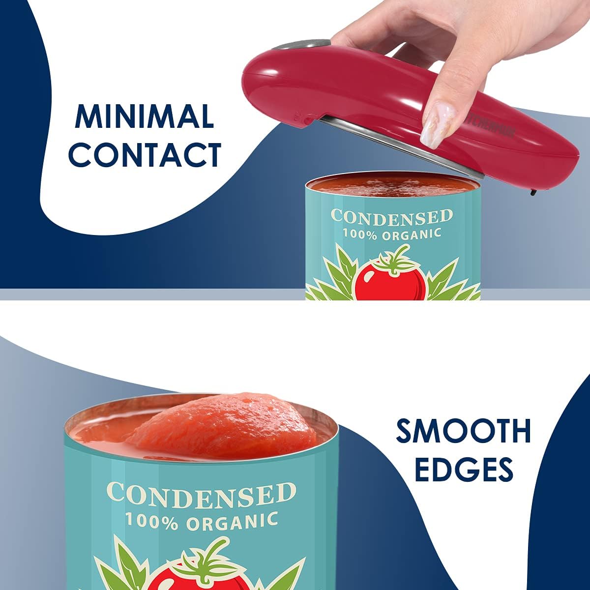 Electric can opener opening a can, highlighting no sharp edges