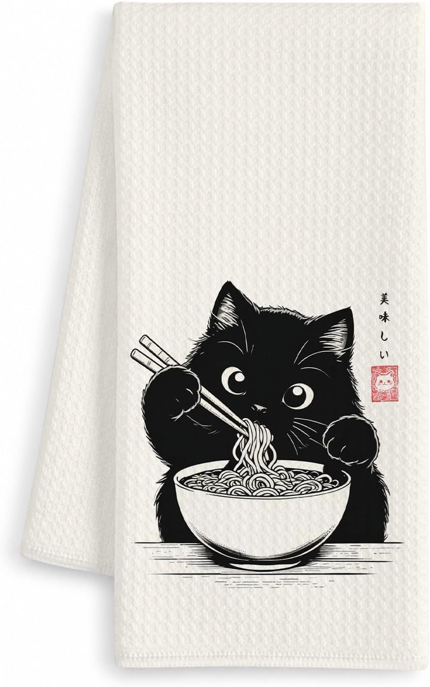 Black Cat Eating Ramen Kitchen Towels, Cat Lovers Mom Lady Gifts Dish Tea Towels, Funny Japanese Black Kitty Kitten Decorative Hand Towel for Kitchen, 16x24 Inch