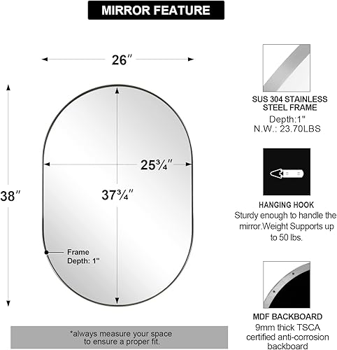 Miniatura 42 de ANDY STAR Espejos ovalados de baño, espejo de tocador doble de 30 x 48 pulgadas, espejos ovalados negros para baño, marco de acero inoxidable