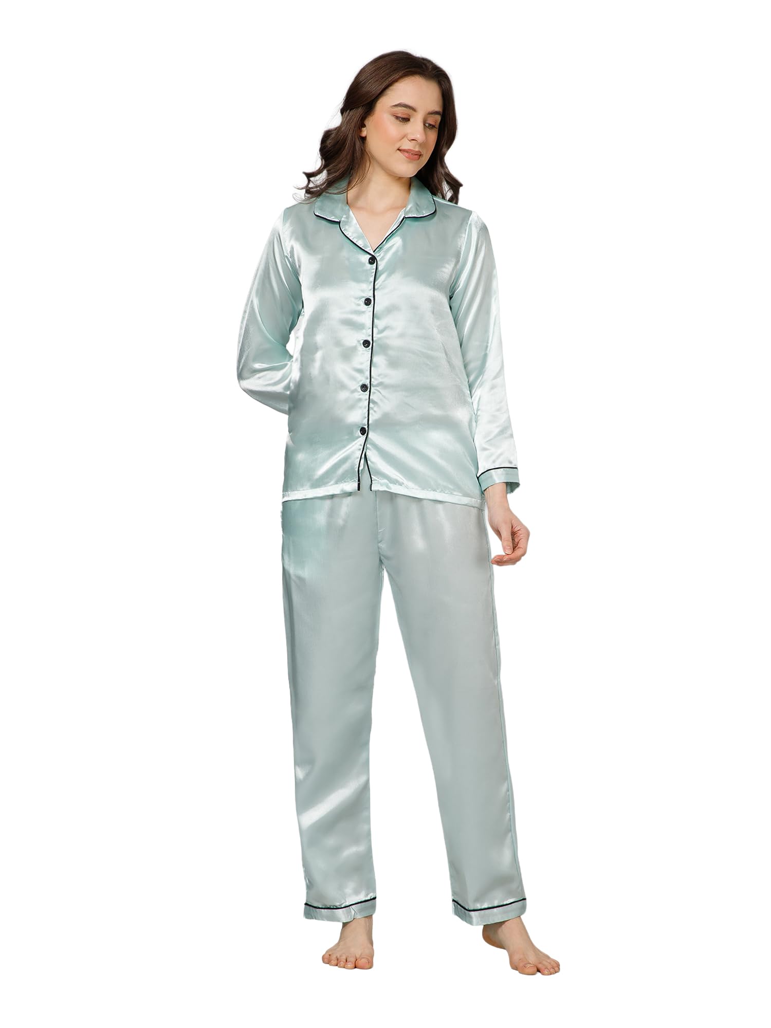 Women's Solid Satin Nightsuit Set, Pink, Long Sleeve Button-Up Pajama Set with Piping Detail-picture-34