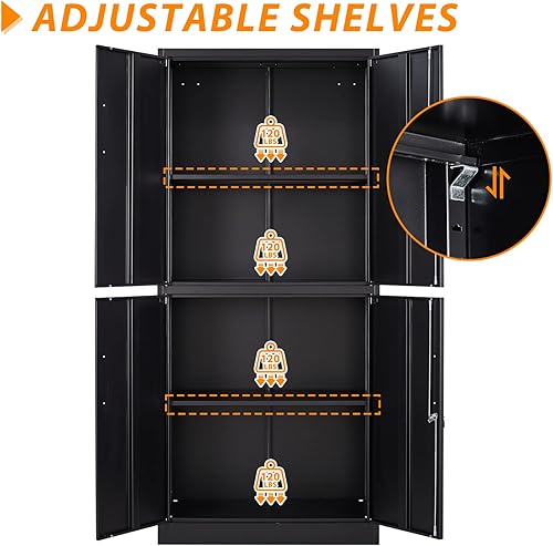 Miniatura 4 de Gabinete de almacenamiento de metal, gabinete de metal de 71 pulgadas de alto con 4 puertas y 2 estantes ajustables, gabinete de acero con bloqueo