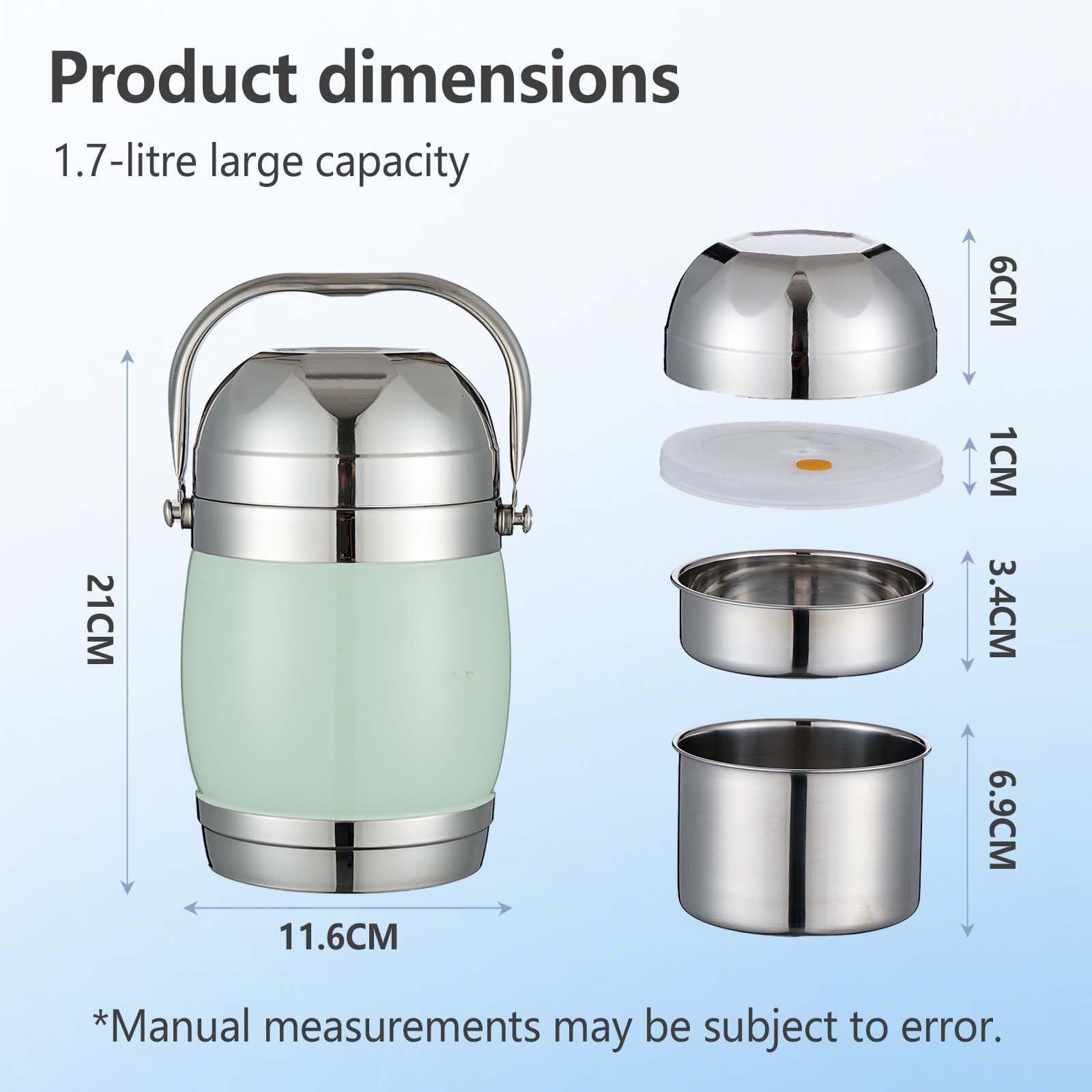 Gran Tarro de Alimentos Portátil de Acero Inoxidable al Vacío 1,7 L, 3 Niveles Apilables Bento Lunch Box, Hermético y Apto para Lavavajillas, Aislamiento 6h para Trabajo, Picnic, Camping, Verde