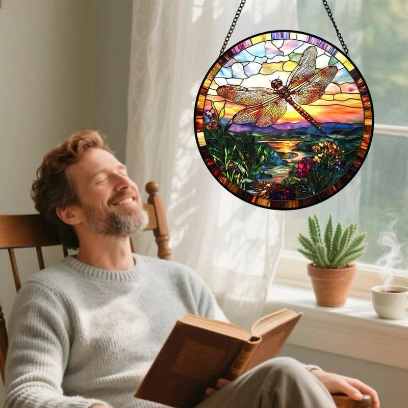 Miniatura 4 de Dragonfly Stained Glass Suncatcher Tiffany Style Dragonfly Window Hanging with Sunset Landscape, Round Colorful Glass Sun Catcher for Home Window