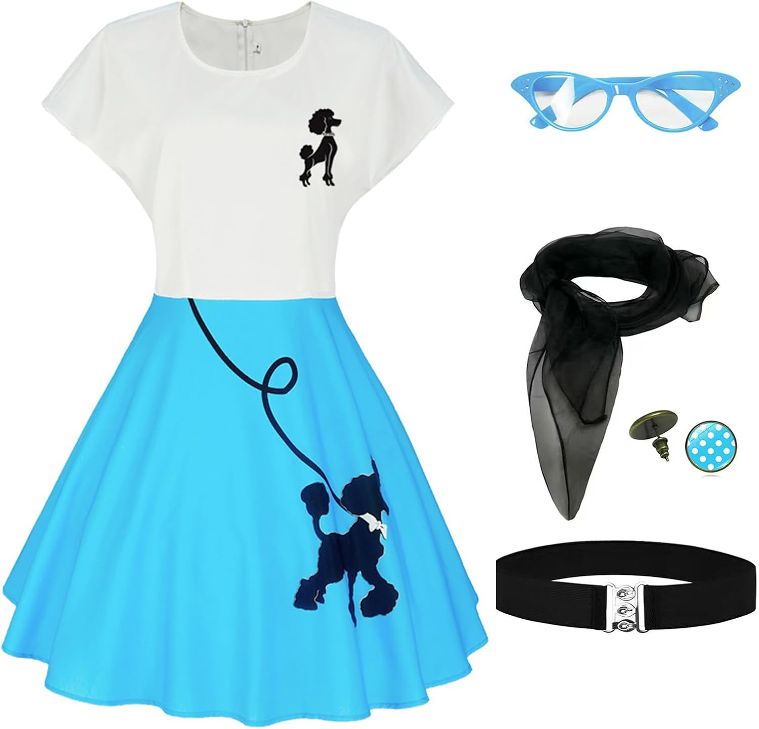 1950s Poodle Skirts Sock hop Outfits Women 50s Poodle Dress with Belt Glasses Earrings and Scarf