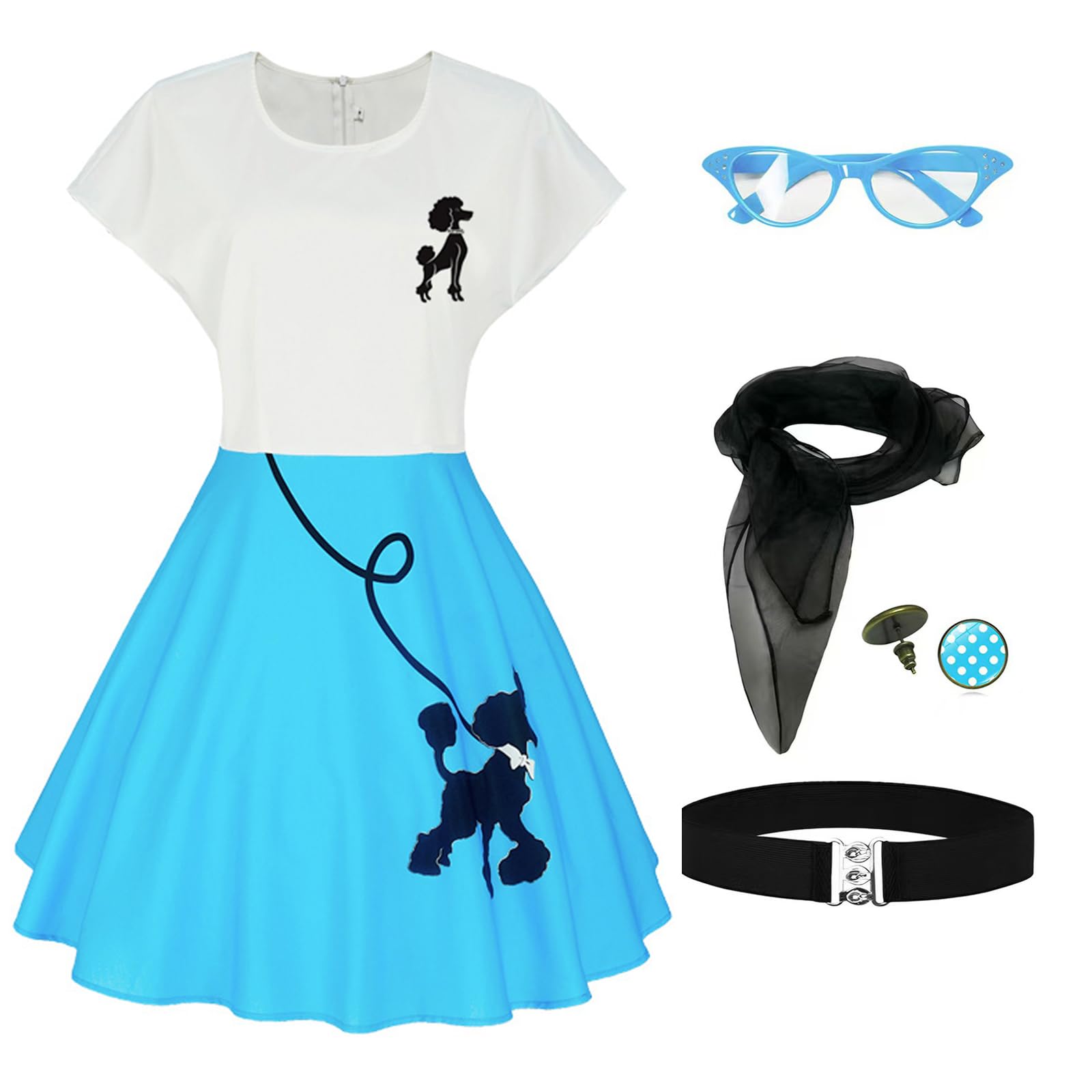 Uezjymi 1950s Poodle Skirts Sock hop Outfits Women 50s Poodle Dress with Belt Glasses Earrings and Scarf