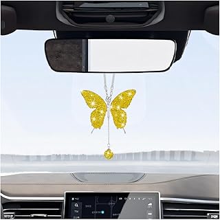 Bling Butterfly Car Rear View Mirror Charms, Crystal Rhinestone Lucky Rear View Mirror Pendant for Women Girls, Sparkly Diamond Automotive Interior Decoration, Universal Fit (Lemon Yellow)